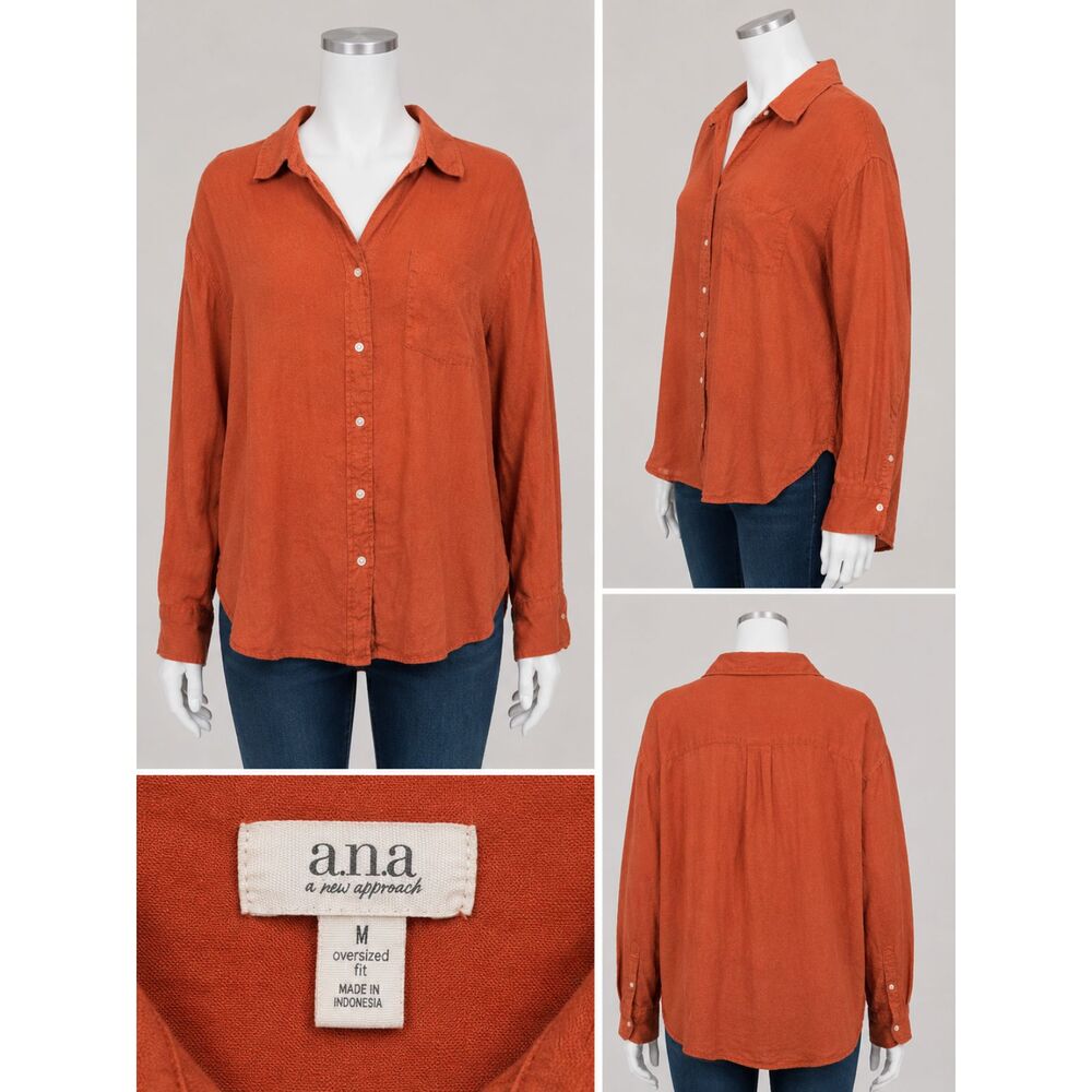 a.n.a Oversized Button Up Shirt Womens Medium Rust Orange Lightweight Top